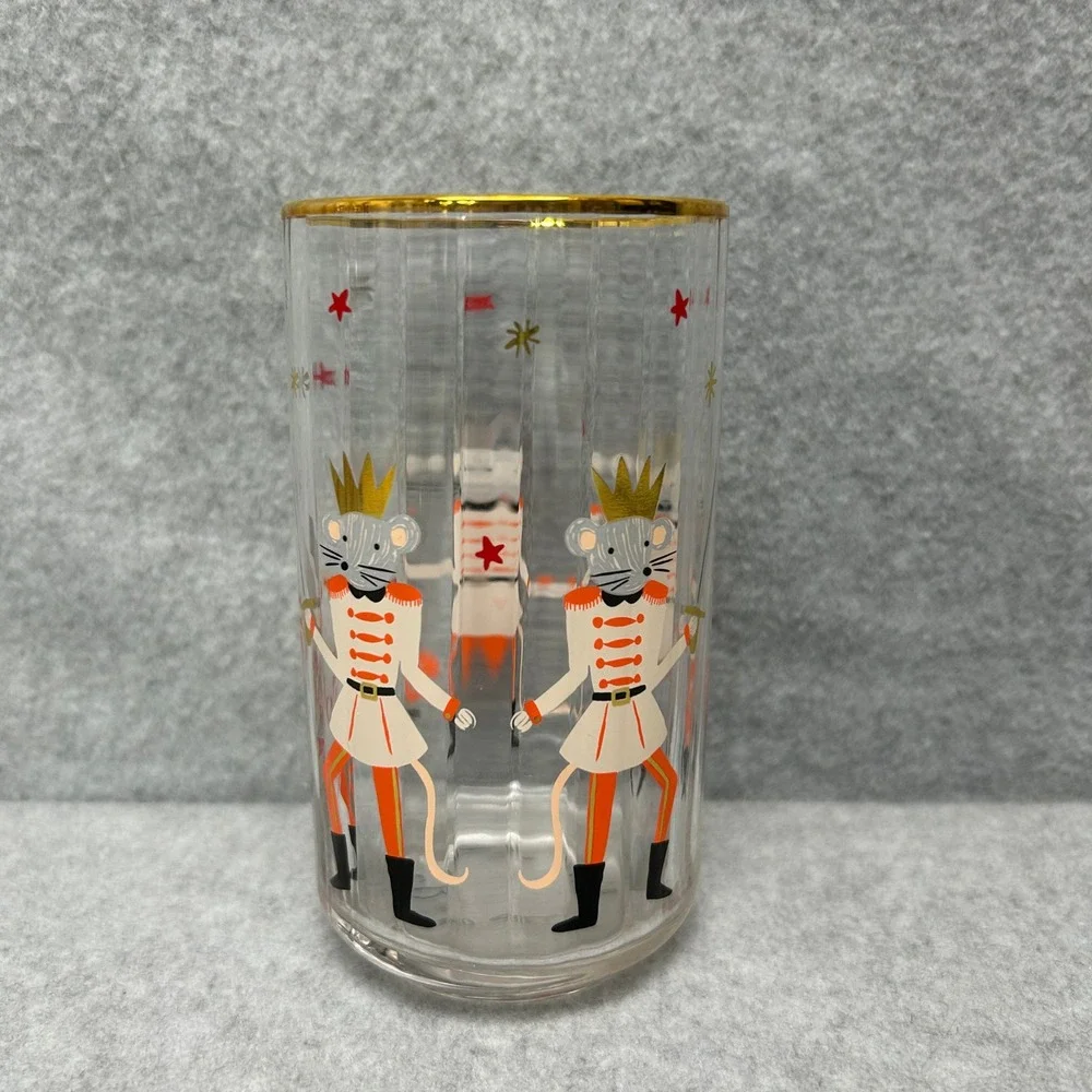 Rifle Paper Co for Anthropologie Nutcracker Juice Glass Set of 4 Gold Rim Fluted